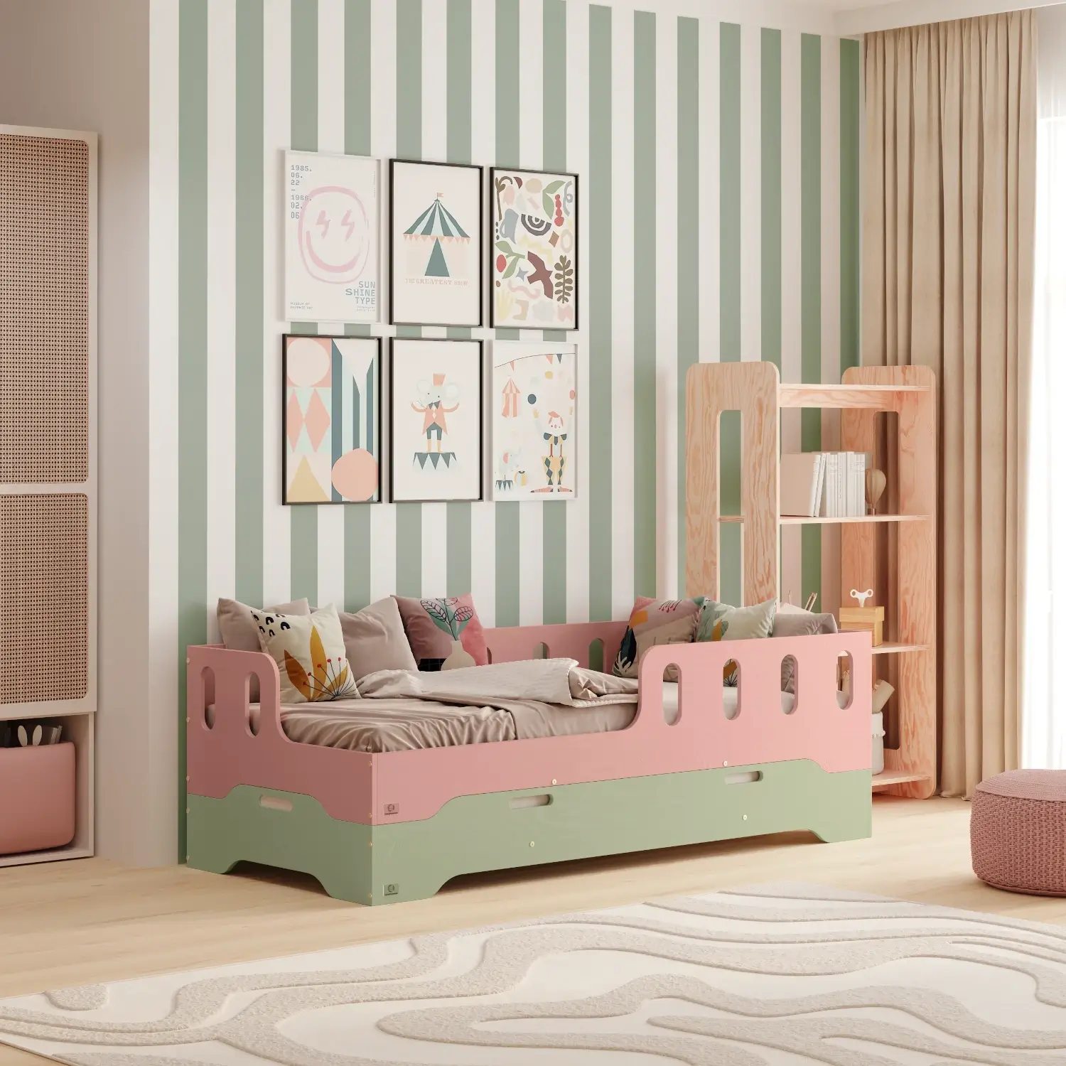 Łóżko pojedyncze dla dzieci podłogowe ze stelażem TILA 8 Montessori Drewniane